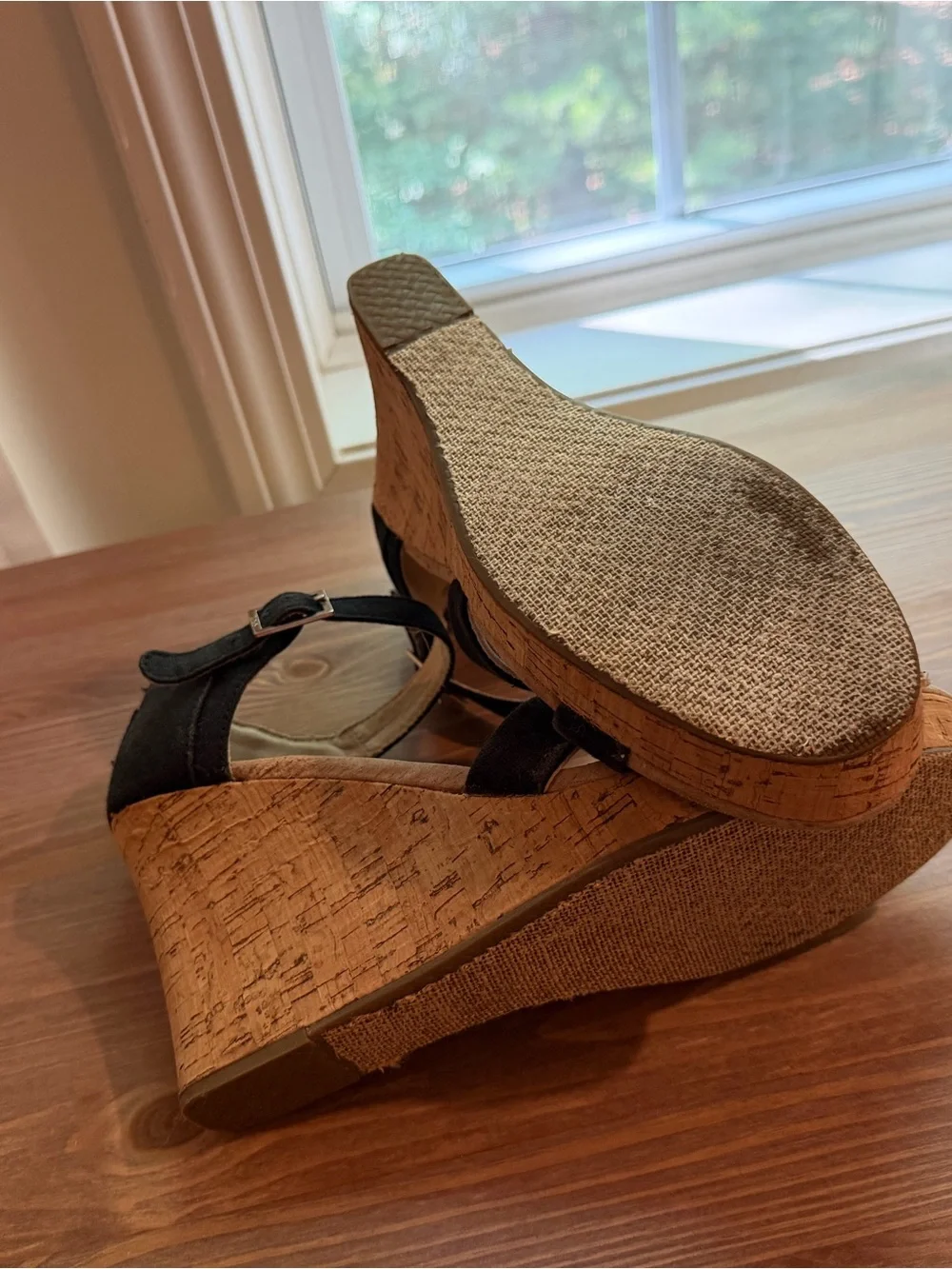 Women's Black Cork Wedge Sandals with Ankle Strap